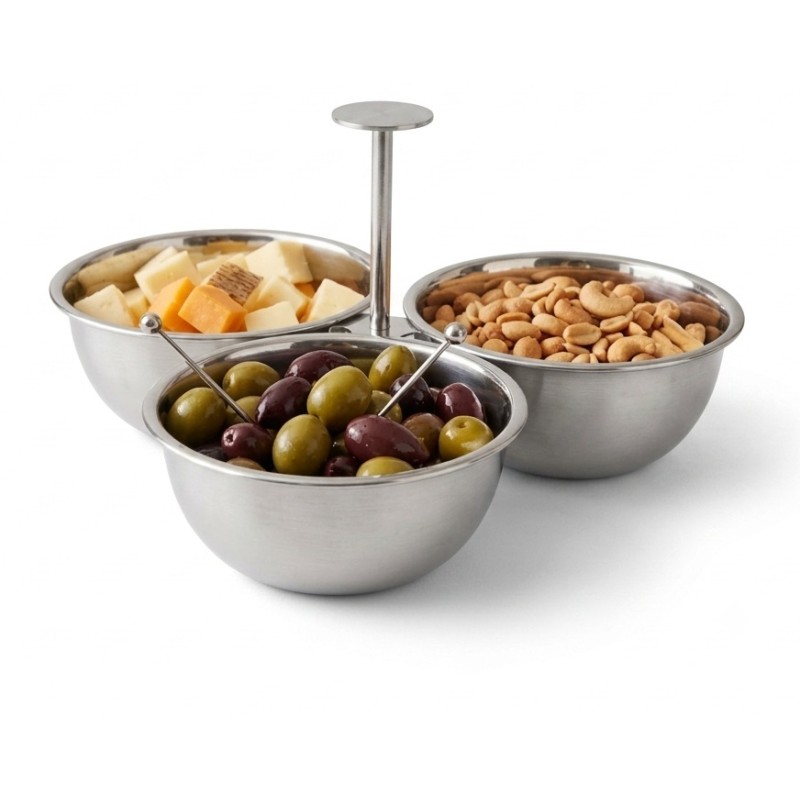 Bol triplu Ø 10 cm pentru servire, pentru snacksuri, din inox, 22 x 22 x 11.50 c...