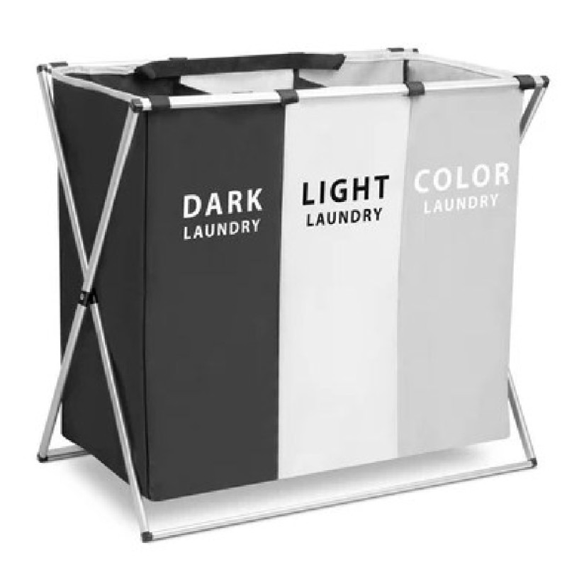 Cos pentru rufe, pliabil, cu 3 compartimente, cu cadru din aluminiu, 65 x 57 x 3...