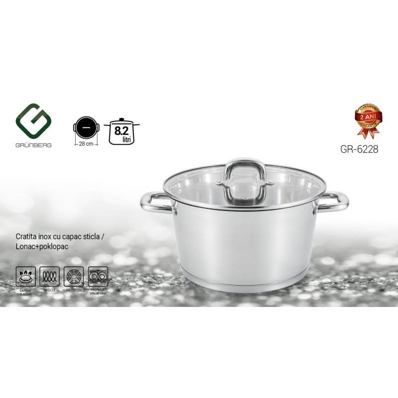 Pot Stainless Steel, with glass lid, 28 cm, 8.20 l, Grunberg GR6228