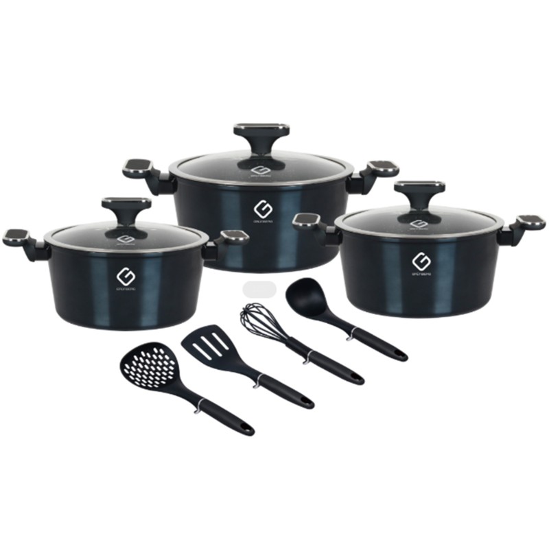 Set 10 piese: 3 vase Aluminum, compatibile stove induction, 3 capace bottle, 4 ustensile, Grunberg GR2718 (golden)