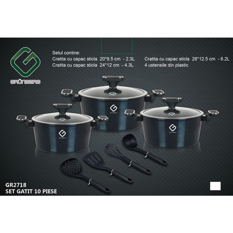 Set 10 piese: 3 vase Aluminum, compatibile stove induction, 3 capace bottle, 4 ustensile, Grunberg GR2718 (golden) thumbnail 2