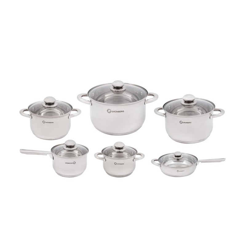 Set 12 piese, 6 vase din inox cu capace din sticla, Grunberg GR244