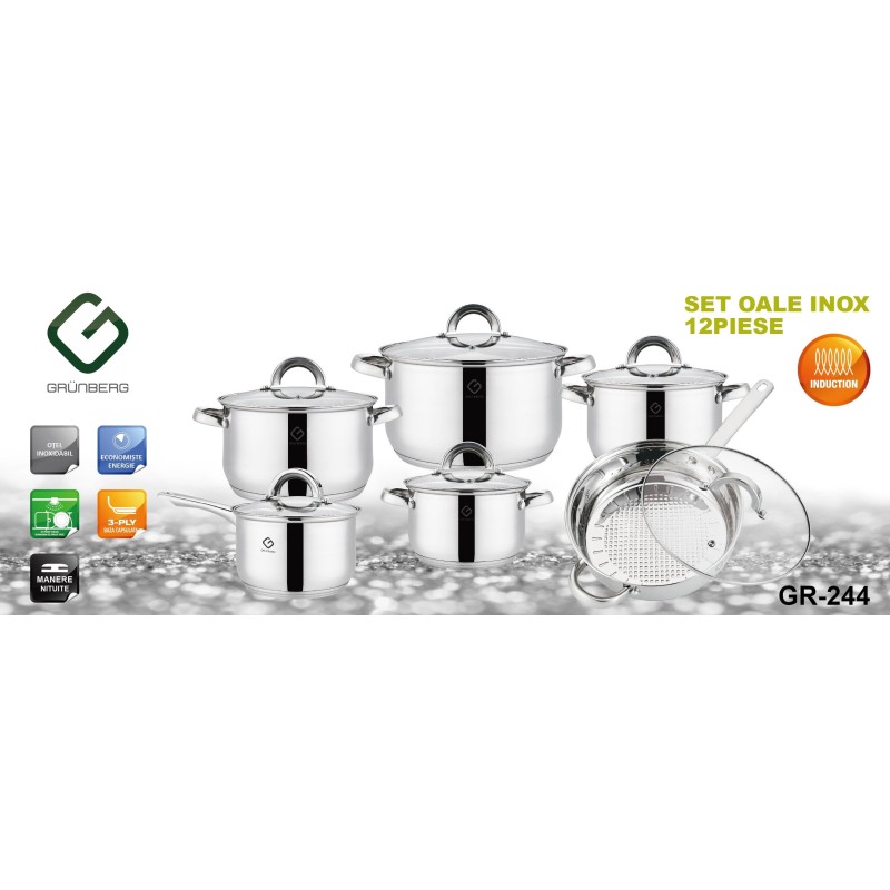 Set 12 piese, 6 vase din inox cu capace din sticla, Grunberg GR244 thumbnail 2
