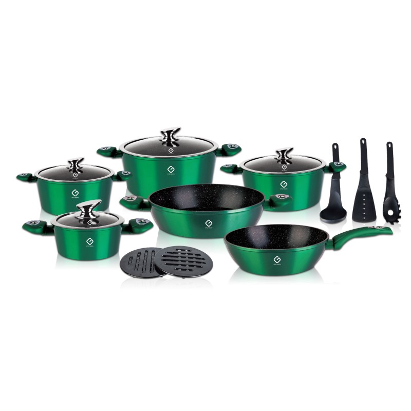 Set 15 piese: 6 vase Aluminum, compatibile stove induction, 4 capace bottle, 3 ustensile, 2 stand, Grunberg GR2715 (red)