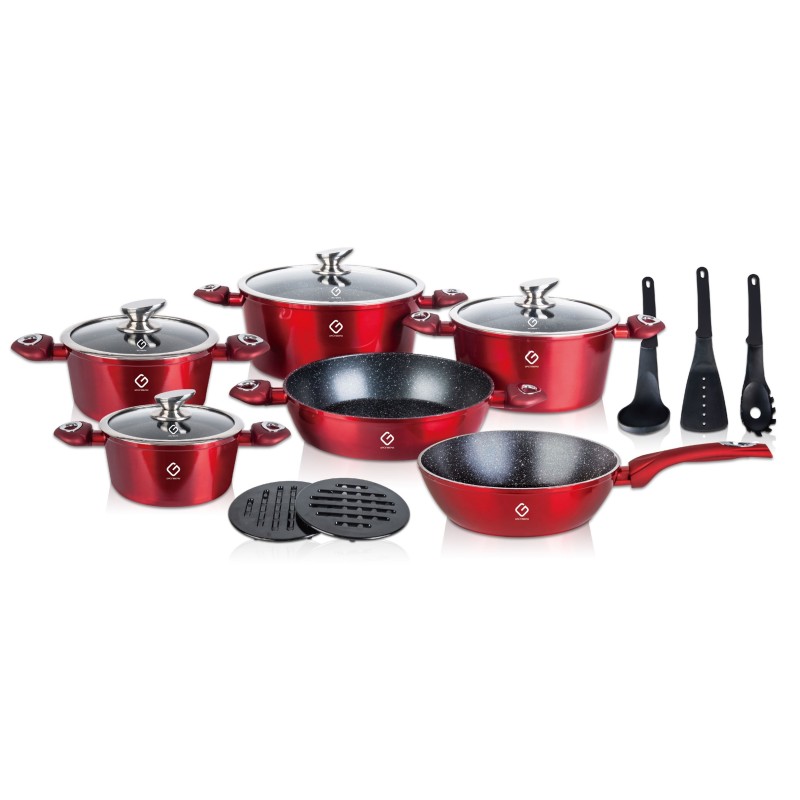 Set 15 piese: 6 vase Aluminum, compatibile stove induction, 4 capace bottle, 3 ustensile, 2 stand, Grunberg GR2715 (green)