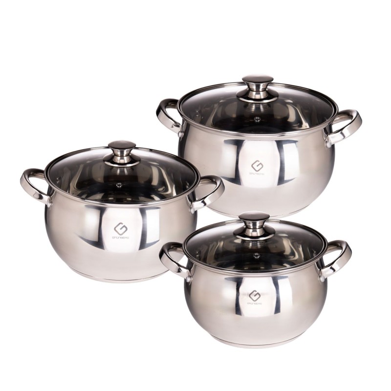 Set 3 oale Stainless Steel with capace Glass heat-resistant, 5.5l, 6.5l and 8.5l, Grunberg GR10573 - Victronic