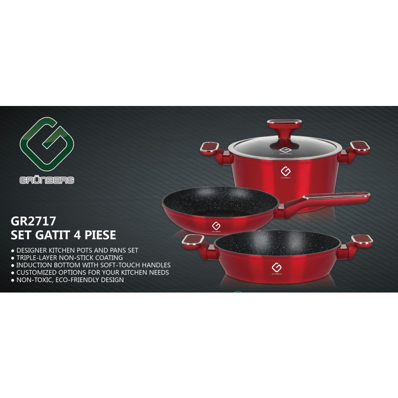 Set 4 piese: 3 vase Aluminum, compatibile with stove with induction, 1 glass lid heat-resistant, Grunberg GR2717 (red) thumbnail 2