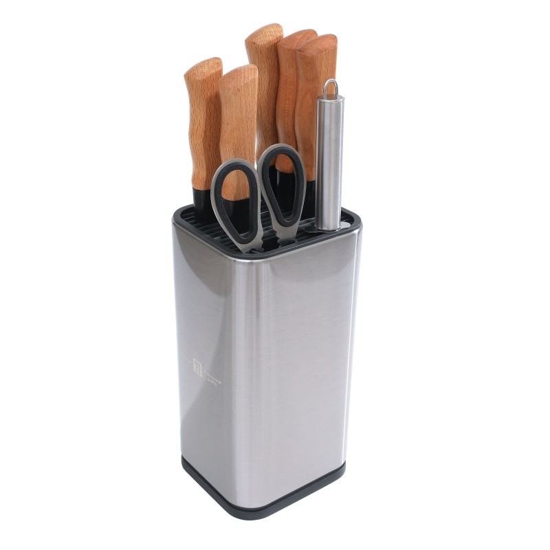 Set 7 pcs.+ stand , 5 cutite for kitchen+ascutitor+foarfeca, 20.50, 23, 30, 30.50 and 30.50 cm, Grunberg LSH12 - Victronic