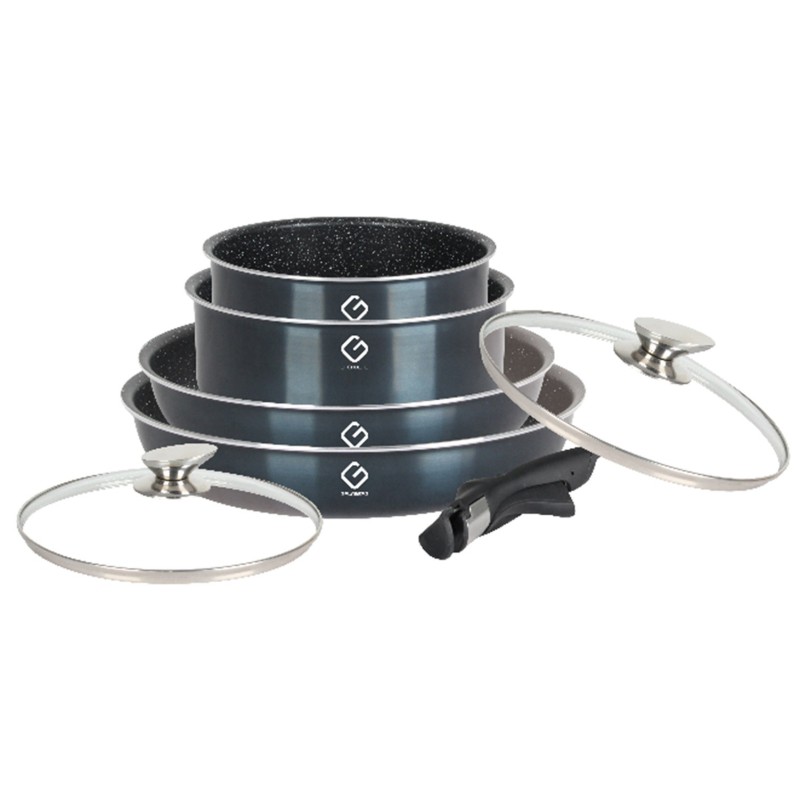 Set 7 piese: 4 vase Aluminum, compatibile with stove induction, 2 capace bottle, 1 maner detasabil, Grunberg GR2719 (blue)