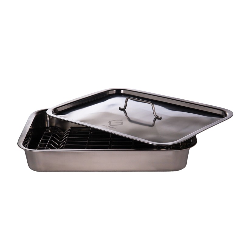 Tray Stainless Steel, for oven , with grill and lid , 37 x 28 x 6 cm , Grunberg GR2967