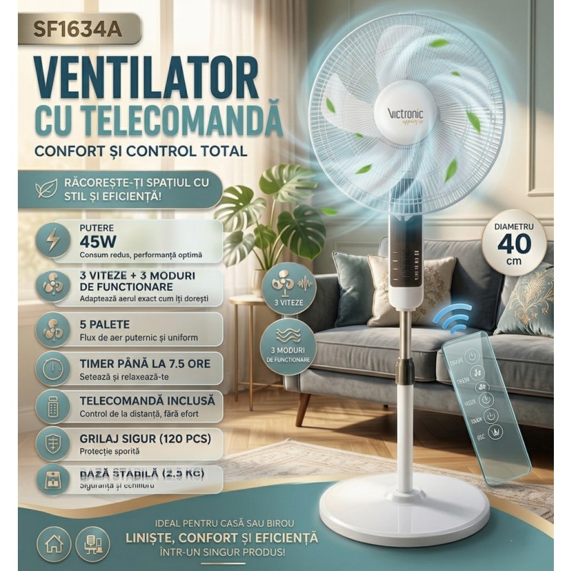 Fan pedestal, with remote control, 40 cm, 3 speed settings, 45 W, Victronic SF1634N (black)   - Victronic thumbnail 2